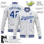 Custom Name and Number Royal Bomber Varsity Letterman Jacket - Personalized White Royal Pinstripe Full-Snap Jacket Personalized