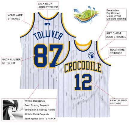 Custom Royal Gold Basketball Jersey with Personalized Name and Number - White Royal Pinstripe Style Personalized White Royal