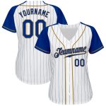 Custom Personalized Baseball Jersey with Name and Number - White Royal Pinstripe Raglan Sleeves in Royal-Old Gold Personalized