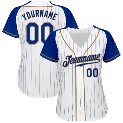 Custom Personalized Baseball Jersey with Name and Number - White Royal Pinstripe Raglan Sleeves in Royal-Old Gold Personalized