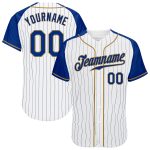 Custom Personalized Baseball Jersey with Name and Number - White Royal Pinstripe Raglan Sleeves in Royal-Old Gold Personalized