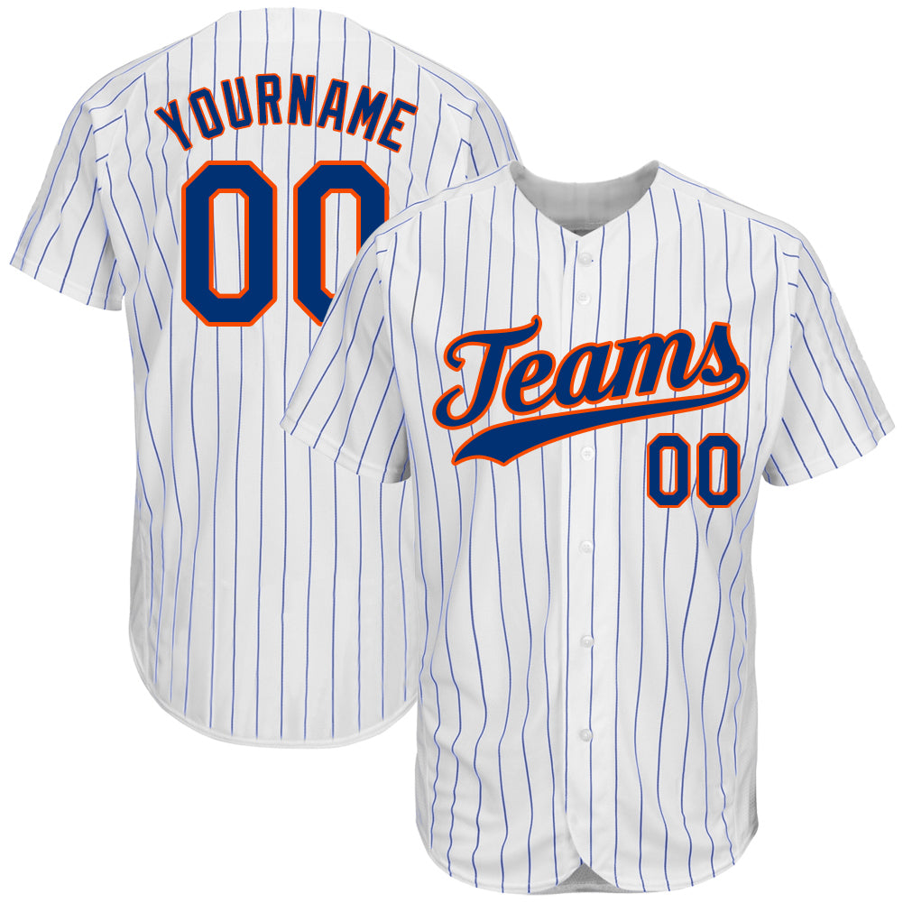 Personalized Royal-Orange Authentic Baseball Jersey - White Royal Pinstripe Personalized White Royal Pinstripe Royal-Orange
