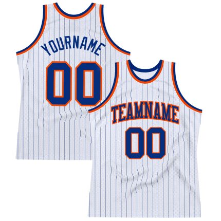 Personalized Authentic Basketball Jersey - White Royal Pinstripe with Royal-Orange Trim Personalized White Royal Pinstripe