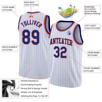 Customizable Royal-Orange Basketball Jersey with Personalized Name and Number - White Royal Pinstripe Design Personalized