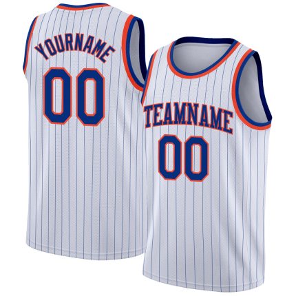 Customizable Royal-Orange Basketball Jersey with Personalized Name and Number - White Royal Pinstripe Design Personalized