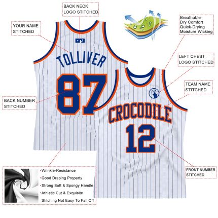 Personalized Authentic Basketball Jersey - White Royal Pinstripe with Royal-Orange Trim Personalized White Royal Pinstripe