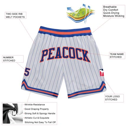 Custom Name and Number Personalized Basketball Shorts in White Royal Pinstripe with Royal-Orange - Authentic Team Gear Personalized