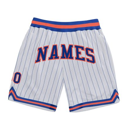 Custom Name and Number Personalized Basketball Shorts in White Royal Pinstripe with Royal-Orange - Authentic Team Gear Personalized