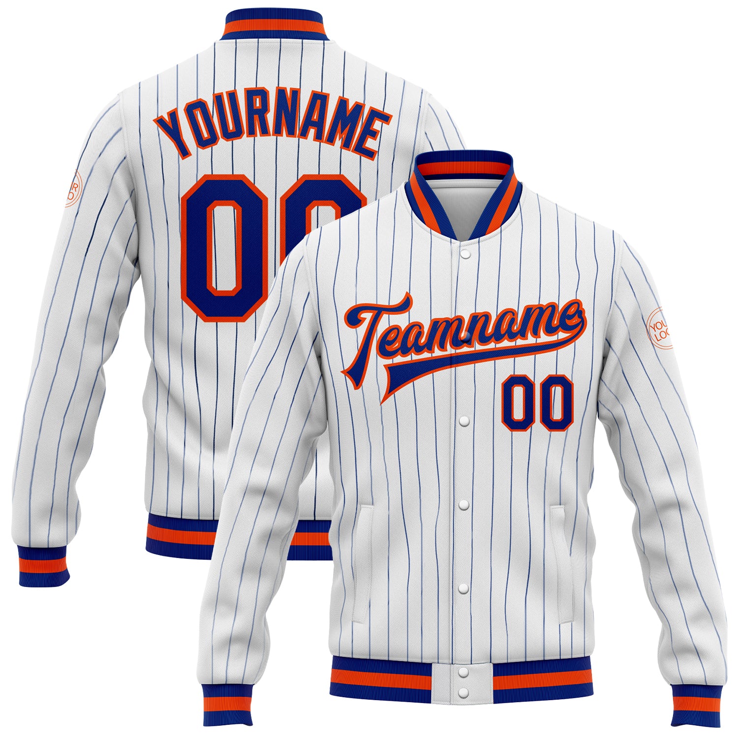 Custom Team Name Number Bomber Jacket - Personalized Royal Pinstripe Varsity Full-Snap in White Royal-Orange Personalized
