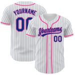 Custom Name and Number Baseball Jersey - Personalized White Royal Pinstripe with Royal-Pink Accents Personalized White Royal
