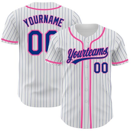 Custom Name and Number Baseball Jersey - Personalized White Royal Pinstripe with Royal-Pink Accents Personalized White Royal