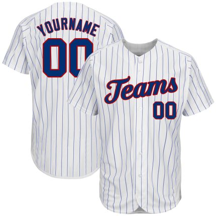 Custom Personalized Authentic Baseball Jersey with Royal Pinstripe in White and Red - Team Name & Number Personalized White