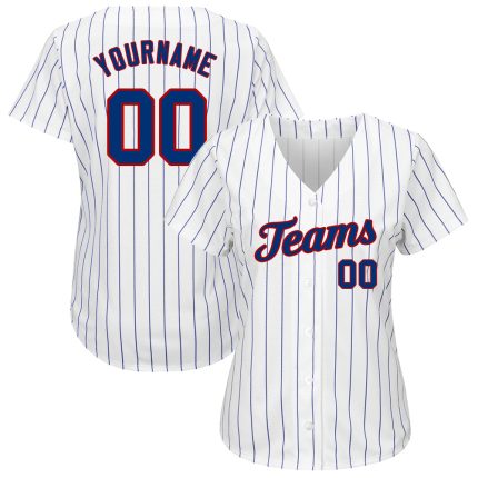 Custom Personalized Authentic Baseball Jersey with Royal Pinstripe in White and Red - Team Name & Number Personalized White