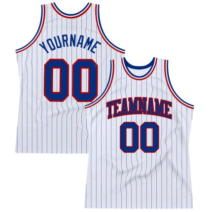 Custom Name and Number Authentic Basketball Jersey - Personalized White Royal Pinstripe with Royal-Red Trim Personalized