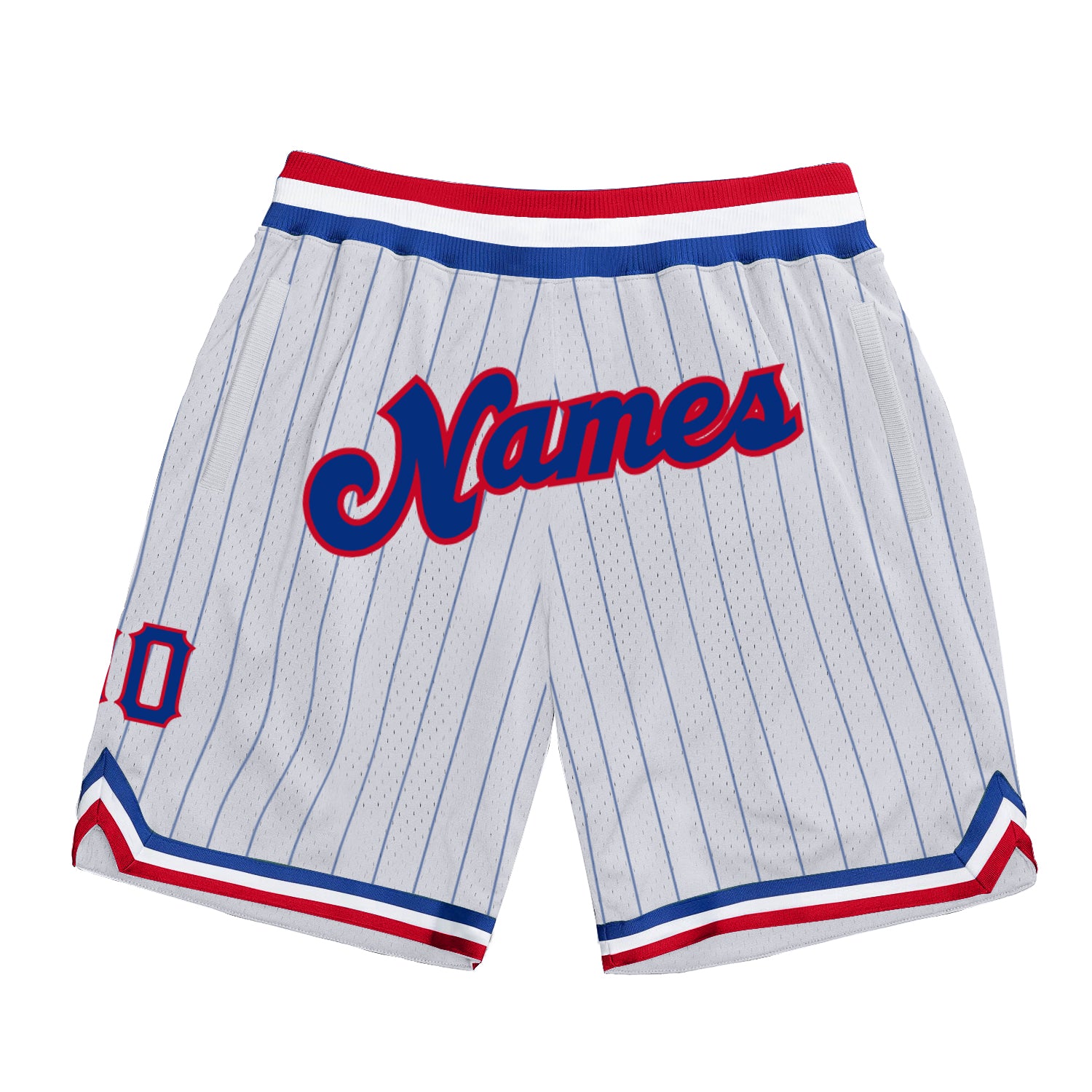 Custom Royal-Red Basketball Shorts with Personalized Name & Number - Authentic White Royal Pinstripe Design Personalized