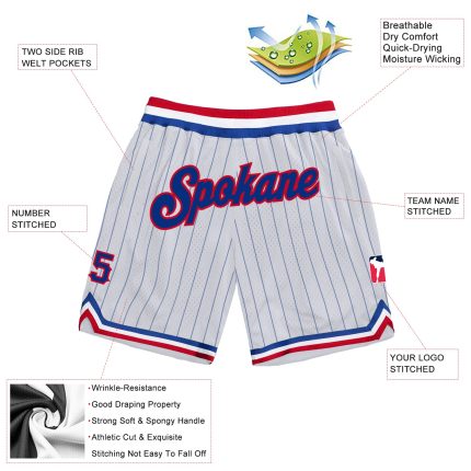 Custom Royal-Red Basketball Shorts with Personalized Name & Number - Authentic White Royal Pinstripe Design Personalized