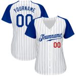 Personalized Authentic Baseball Jersey with White Royal Pinstripe and Royal-Red Raglan Sleeves Personalized White Royal Pinstripe