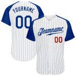 Personalized Authentic Baseball Jersey with White Royal Pinstripe and Royal-Red Raglan Sleeves Personalized White Royal Pinstripe
