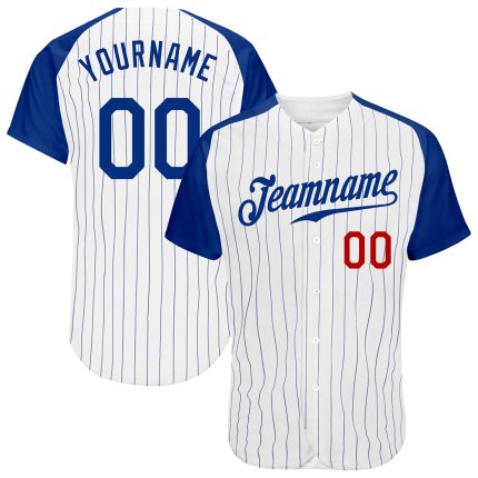 Personalized Authentic Baseball Jersey with White Royal Pinstripe and Royal-Red Raglan Sleeves Personalized White Royal Pinstripe