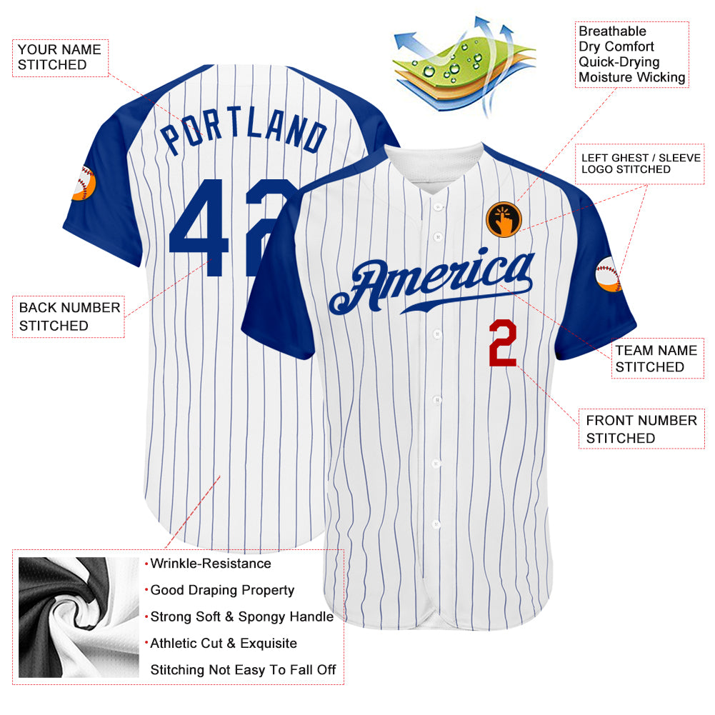 Personalized White Royal Pinstripe Royal-Red Authentic Raglan Sleeves Baseball Jersey Personalized Authentic Baseball Jersey with White Royal Pinstripe and Royal-Red Raglan Sleeves Personalized White Royal Pinstripe - Image 3