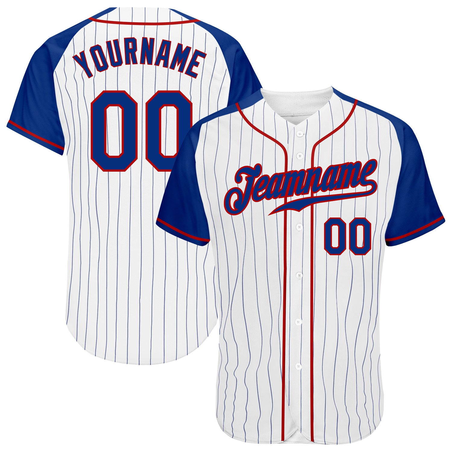 Personalized Authentic Baseball Jersey with Custom Name & Number - White Royal Pinstripe Raglan Sleeves in Royal Red Personalized