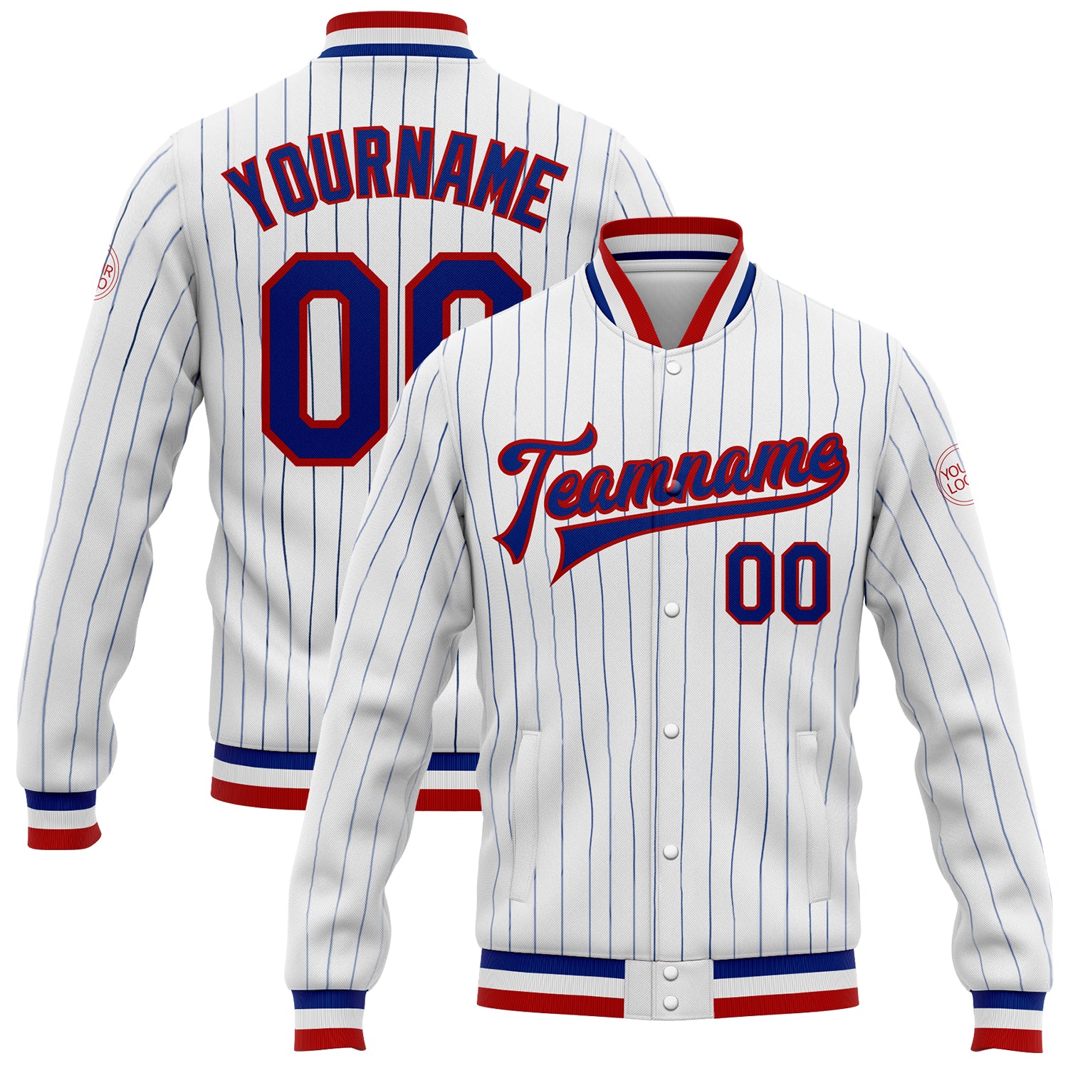 Custom Name and Number Personalized Varsity Letterman Jacket Red and White Royal Pinstripe Bomber Full-Snap Personalized