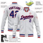 Custom Name and Number Personalized Varsity Letterman Jacket Red and White Royal Pinstripe Bomber Full-Snap Personalized