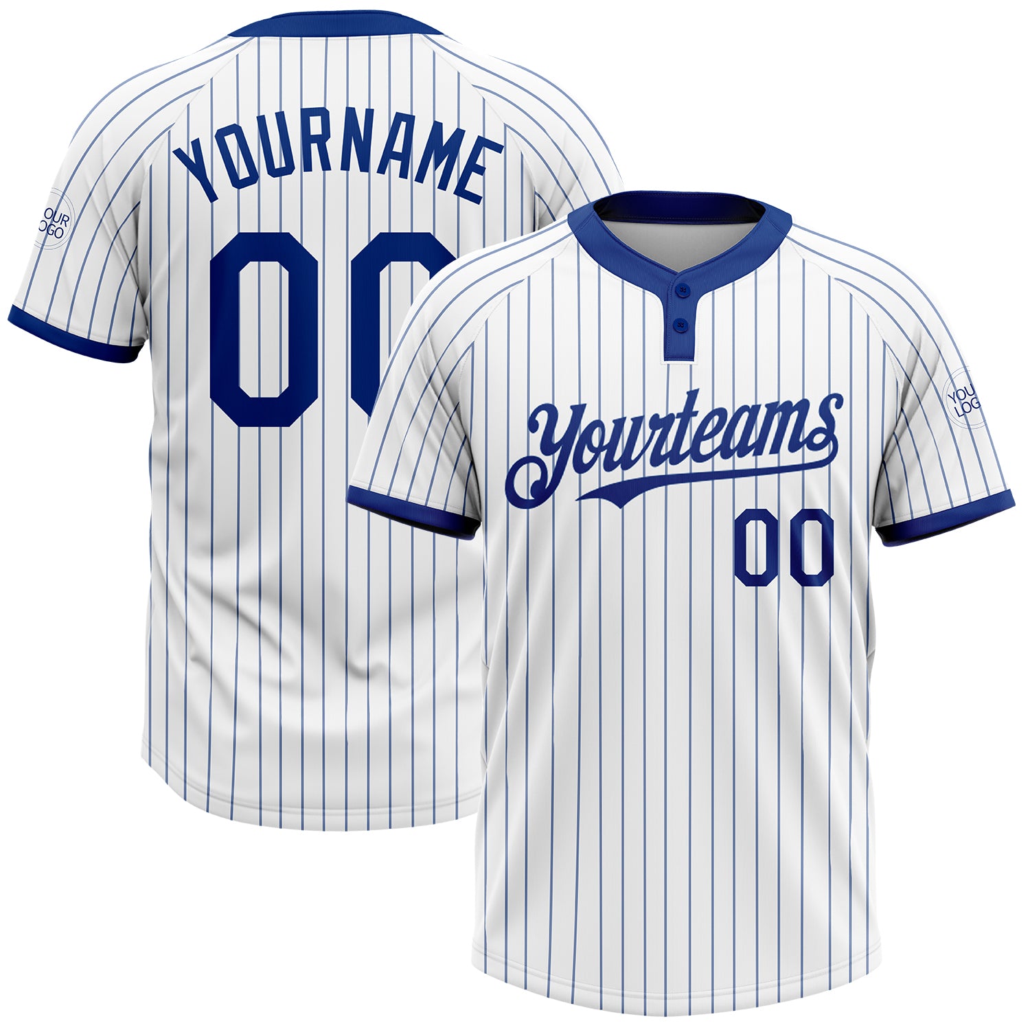Custom Name and Number Unisex Softball Jersey - Personalized White Royal Two-Button Pinstripe Design Personalized White Royal