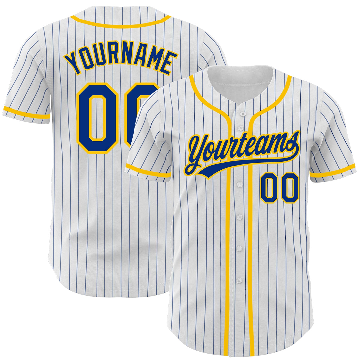 Custom Personalized Baseball Jersey - White Royal Pinstripe with Yellow Accents, Custom Name & Number Personalized White