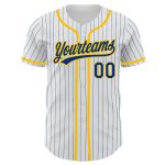 Custom Personalized Baseball Jersey - White Royal Pinstripe with Yellow Accents, Custom Name & Number Personalized White