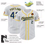 Custom Personalized Baseball Jersey - White Royal Pinstripe with Yellow Accents, Custom Name & Number Personalized White