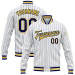 Custom Name and Number Yellow Royal Pinstripe Varsity Bomber Jacket - Personalized Full-Snap Letterman Jacket Personalized