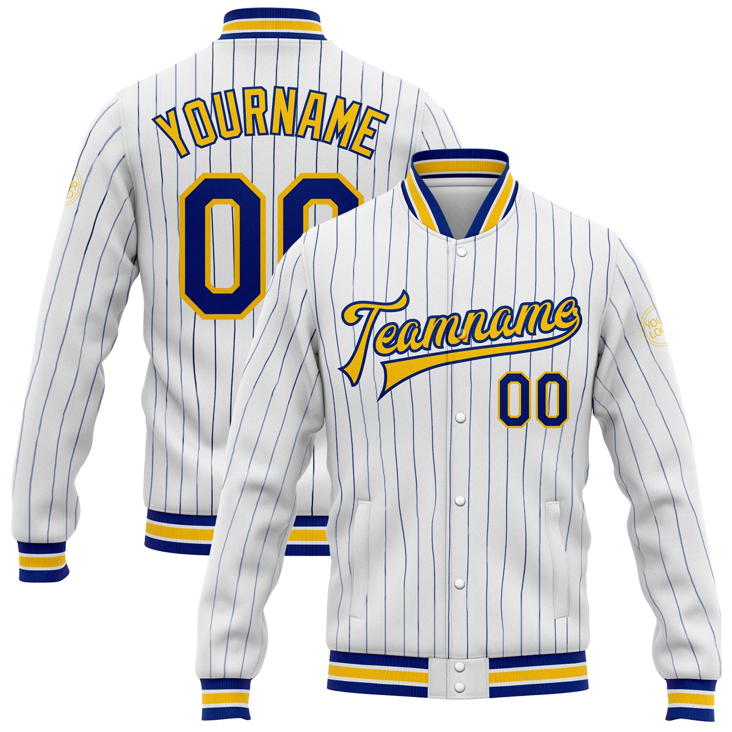Custom Name and Number Yellow Royal Pinstripe Varsity Bomber Jacket - Personalized Full-Snap Letterman Jacket Personalized