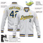 Custom Name and Number Yellow Royal Pinstripe Varsity Bomber Jacket - Personalized Full-Snap Letterman Jacket Personalized