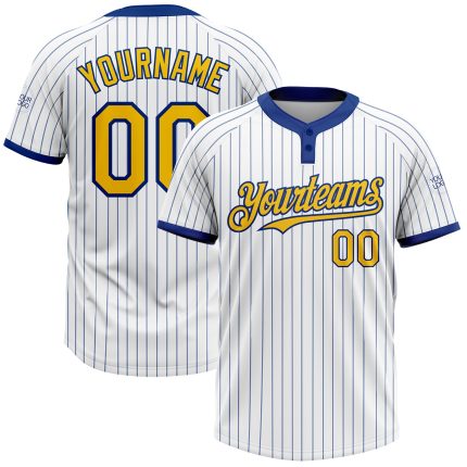 Personalized Yellow Two-Button Unisex Softball Jersey - White Royal Pinstripe Design Personalized White Royal Pinstripe Yellow