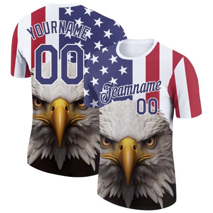 Custom 3D American Flag Eagle T-Shirt - Personalized Team Name & Number, White Royal-Red Performance Shirt Personalized White