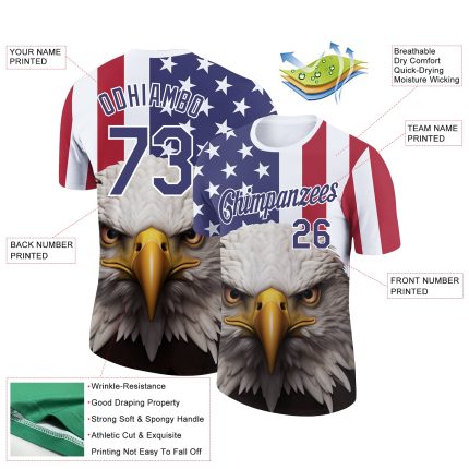 Custom 3D American Flag Eagle T-Shirt - Personalized Team Name & Number, White Royal-Red Performance Shirt Personalized White