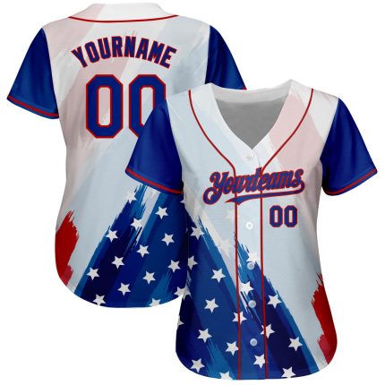Custom 3D American Flag Baseball Jersey with Personalized Name and Number in White and Royal-Red Design Personalized White