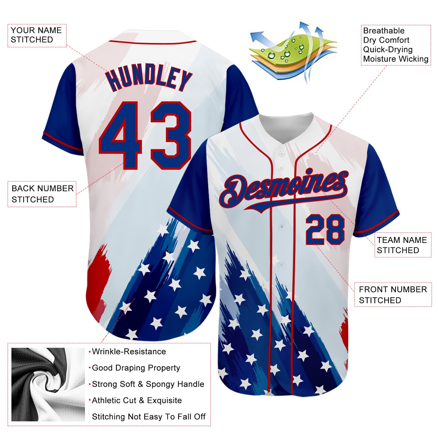 Personalized White Royal-Red 3D American Flag Fashion Authentic Baseball Jersey Team Custom Name and Number Custom 3D American Flag Baseball Jersey with Personalized Name and Number in White and Royal-Red Design Personalized White - Image 3
