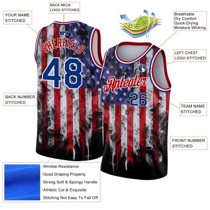Custom American Flag Basketball Jersey - Personalized Royal-Red 3D Design with Team Name and Number Personalized White Royal-Red