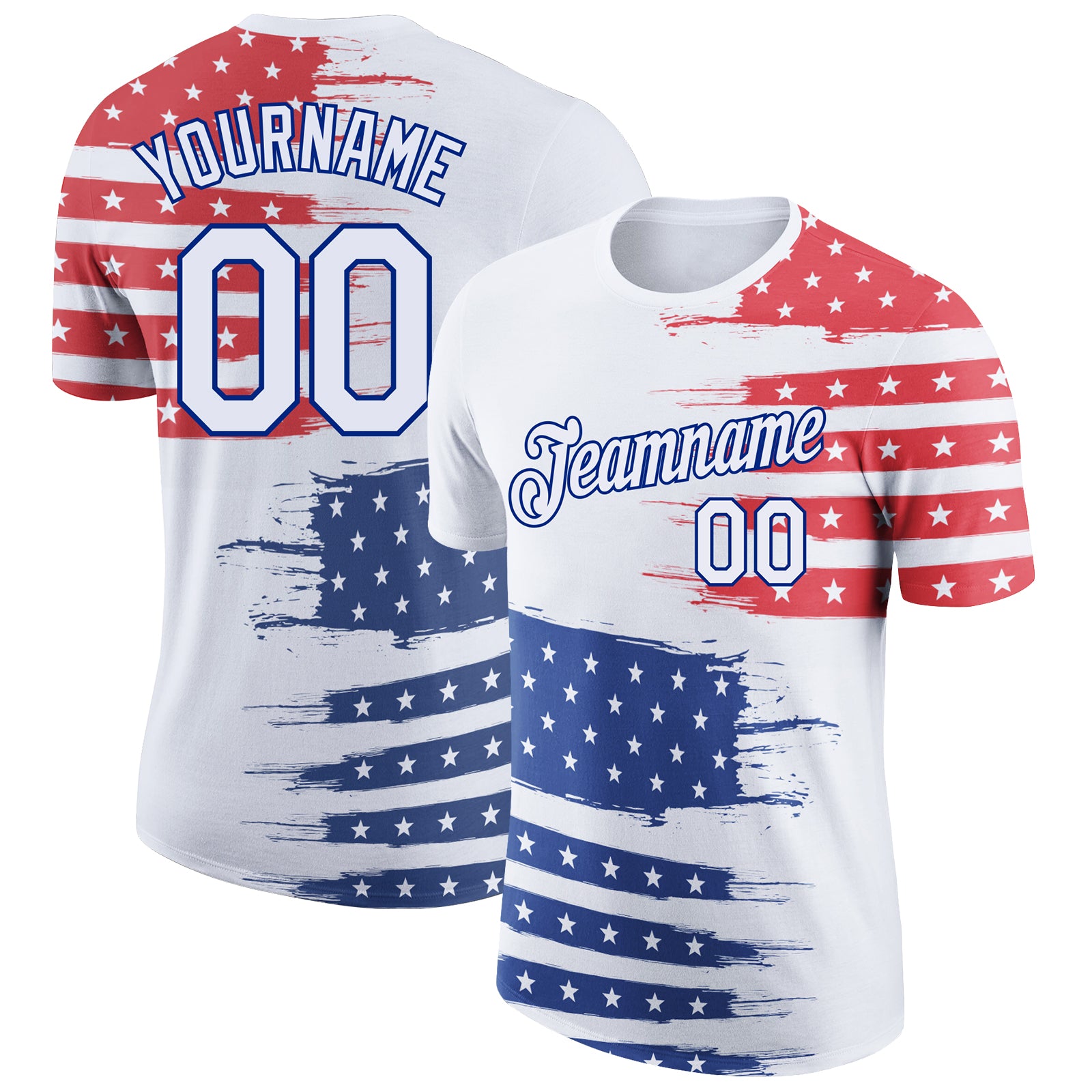 Personalized 3D American Flag Performance T-Shirt - White and Royal Red Patriotic Tee Personalized White Royal-Red 3D American