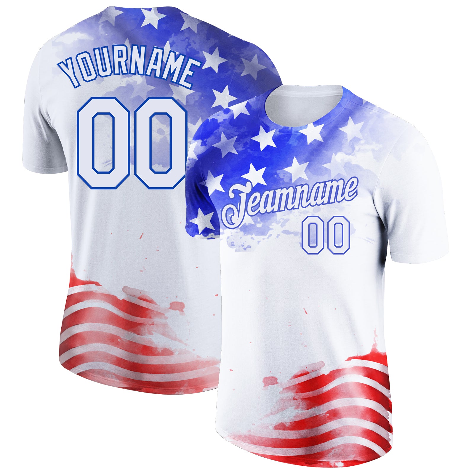 Custom Name & Number 3D American Flag T-Shirt - Personalized Patriotic Royal-Red Performance Tee Personalized White Royal-Red