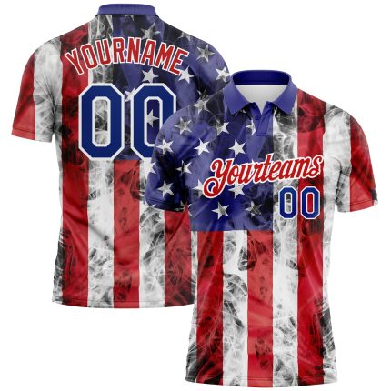 Custom Name and Number 3D American Flag Golf Polo Shirt - Personalized White Royal-Red Performance Tee Personalized White