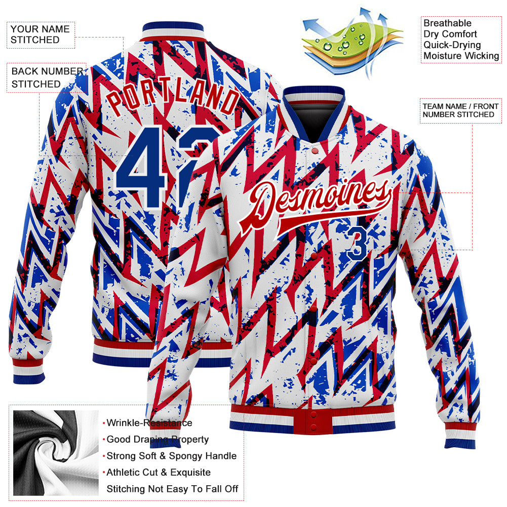 Personalized White Royal-Red 3D Pattern Design Bomber Full-Snap Varsity Letterman Jacket Team Custom Name and Number Custom Team Name Number 3D Pattern Bomber Varsity Letterman Jacket White Royal Red Personalized White Royal-Red 3D Pattern - Image 3