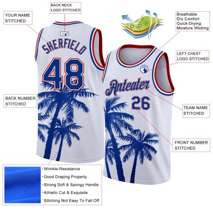 Custom Name Number Basketball Jersey - Personalized Tropical Hawaii Coconut Trees 3D Pattern - White Royal Red Personalized