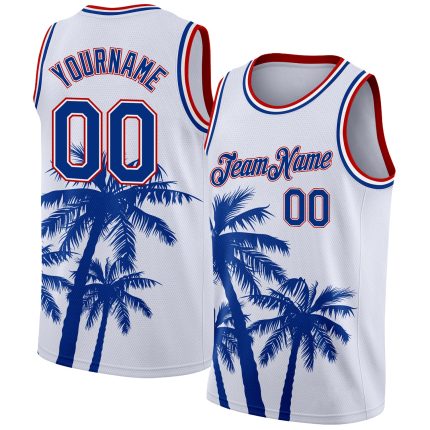 Custom Name Number Basketball Jersey - Personalized Tropical Hawaii Coconut Trees 3D Pattern - White Royal Red Personalized