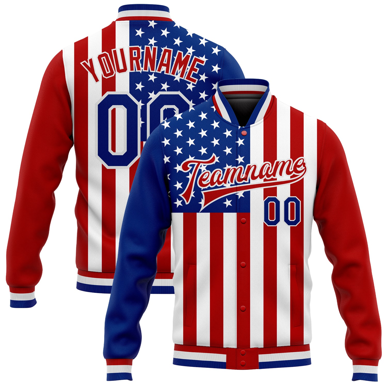 Personalized American Flag 3D Bomber Varsity Letterman Jacket - White Royal Red Full-Snap Fashion Outerwear Personalized