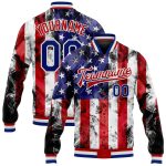 Custom Name and Number 3D Bomber Varsity Jacket - Personalized White Royal-Red American Flag Letterman Jacket Personalized