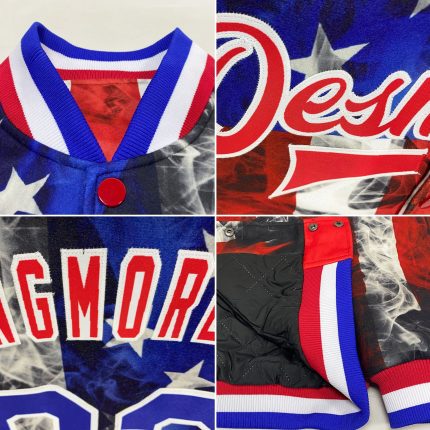 Custom Name and Number 3D Bomber Varsity Jacket - Personalized White Royal-Red American Flag Letterman Jacket Personalized