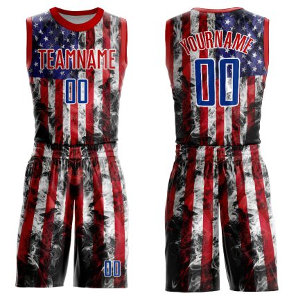 Custom American Flag Basketball Jersey with Personalized Name and Number, White Royal-Red Round Neck Sublimation Suit Personalized